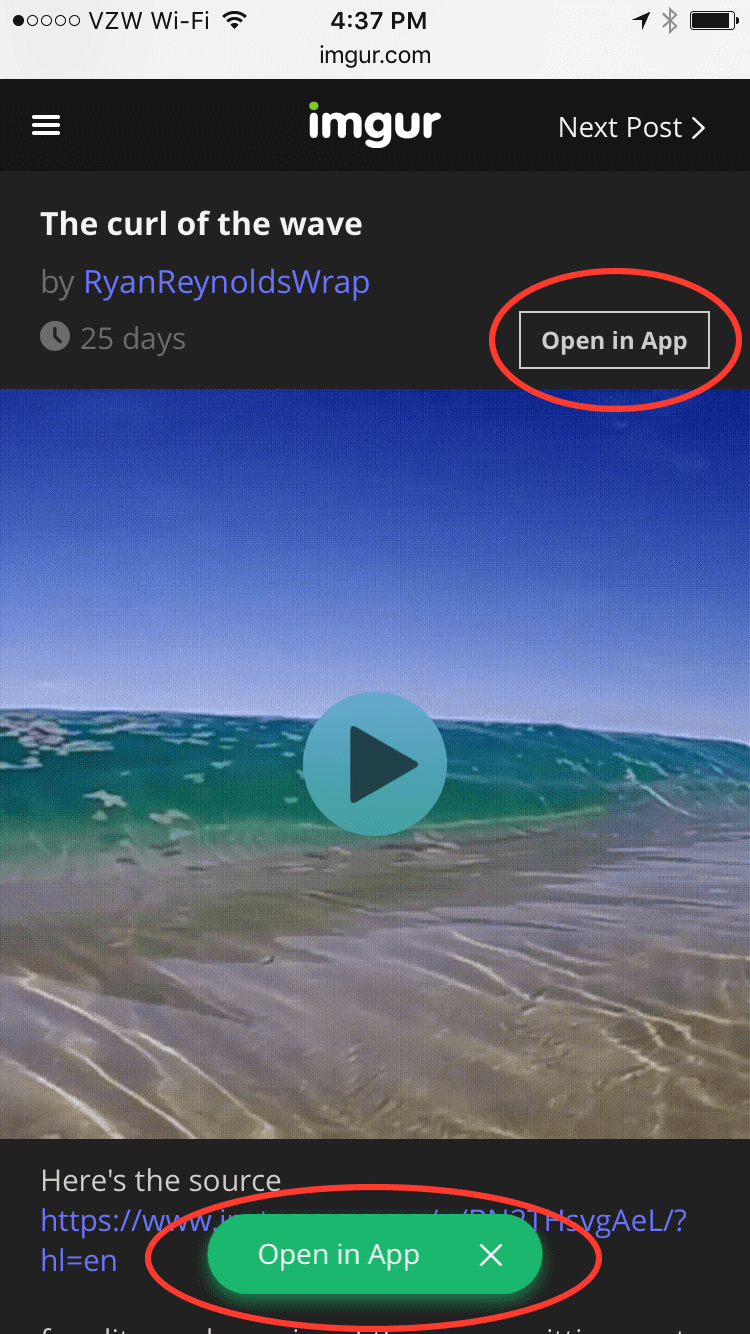 imgur’s “Open in App” buttons